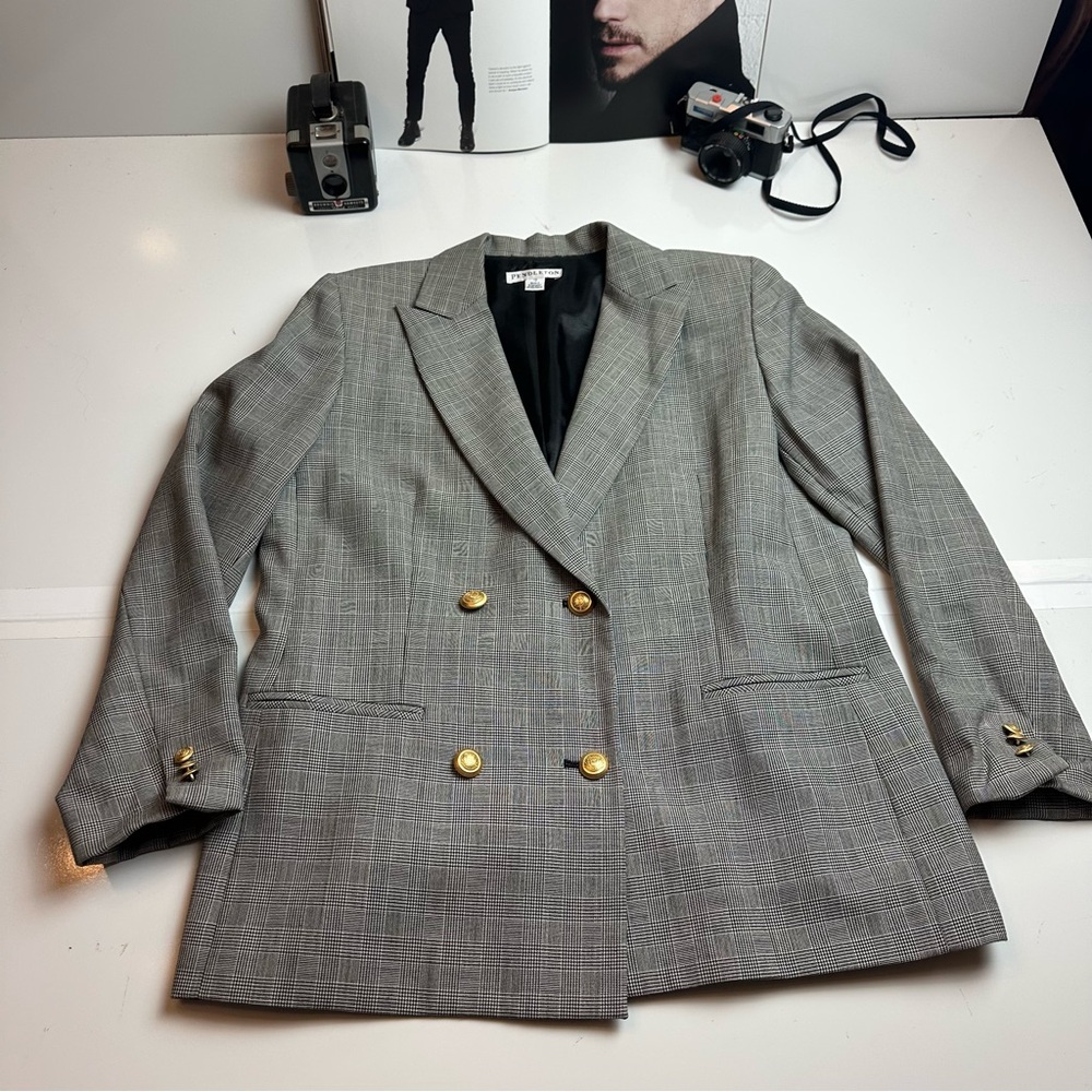 Vintage Pendleton Wool Plaid Double Breasted Blazer Gold Buttons Sz 12